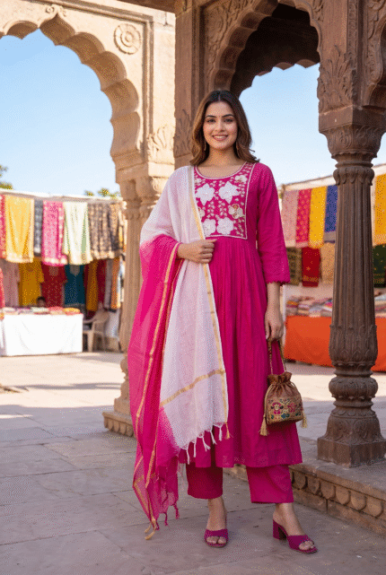 Pink Mul Chanderi Embroidered Suit Set