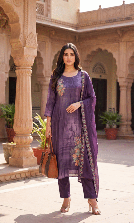Purple Satin Floral Printed Suit Set