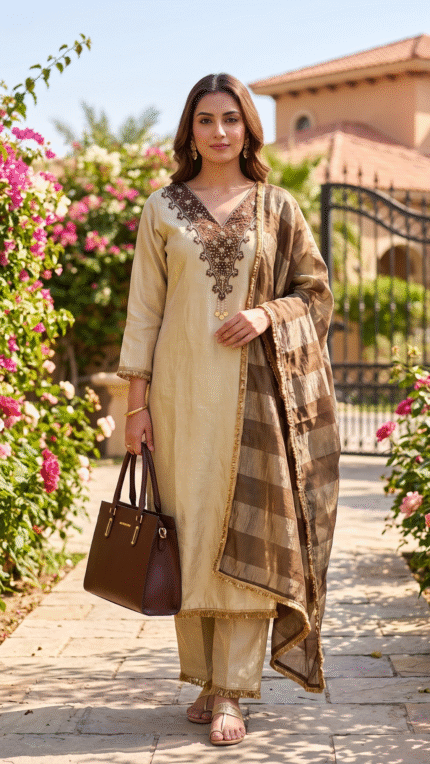 Cream and Brown Tissue Suit Set