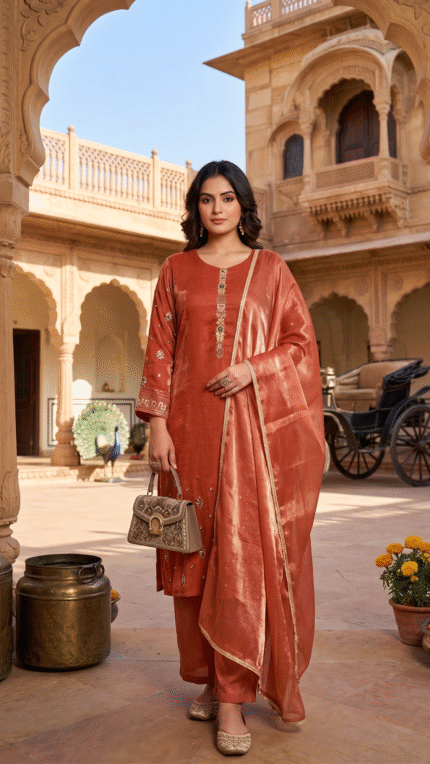 Rust Tissue Embroidered Suit Set