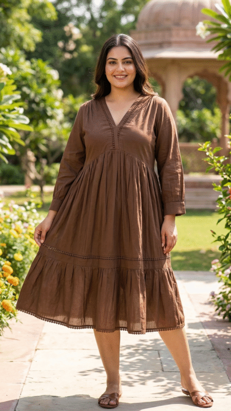Brown Cotton Flared Dress