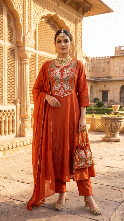 Rust Orange Chanderi Silk Embroidered Suit Set