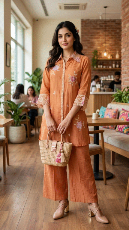 Orange Mul Chanderi Embroidered Co-ord Set