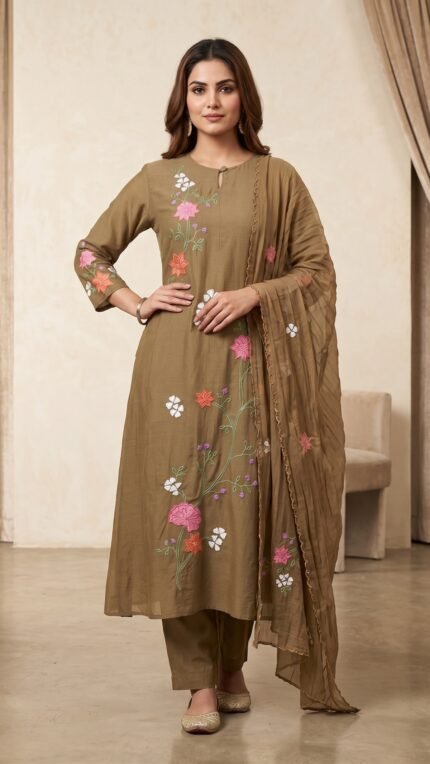 Mul Chanderi Chocolate Brown Embroidered Dupatta Set for Women
