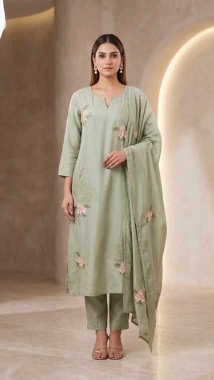 Mint Green Mul Chanderi Embroidered Dupatta Set for Women
