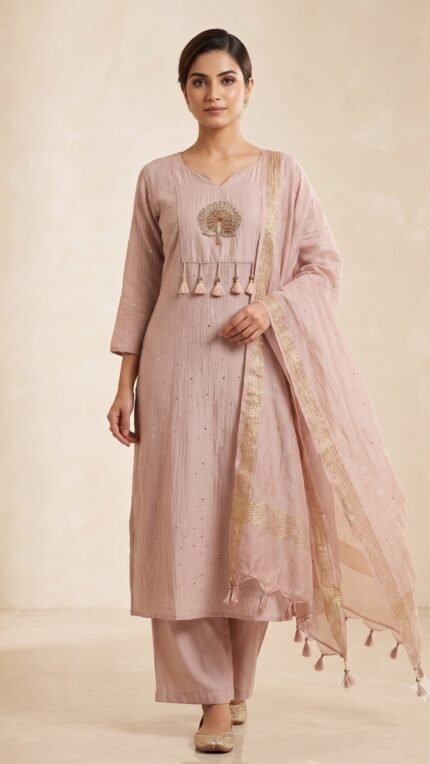 Onion Pink Mul Chanderi Peacock Embroidered 3 Pc Set