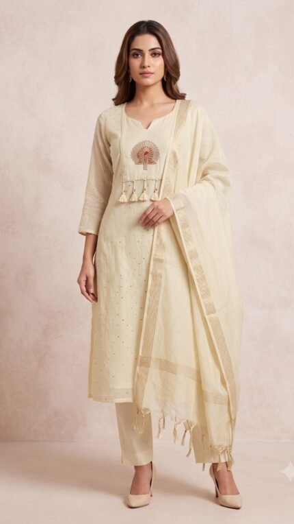Ivory Mul Chanderi Peacock Embroidered 3 Pc Set