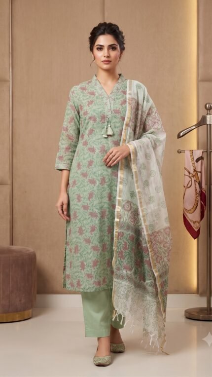 Multi Kota Doria Floral Printed Green 3 Pc Set