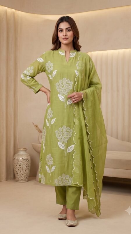 Parrot Green Mul Chanderi Floral Embroidered 3 Pc Set