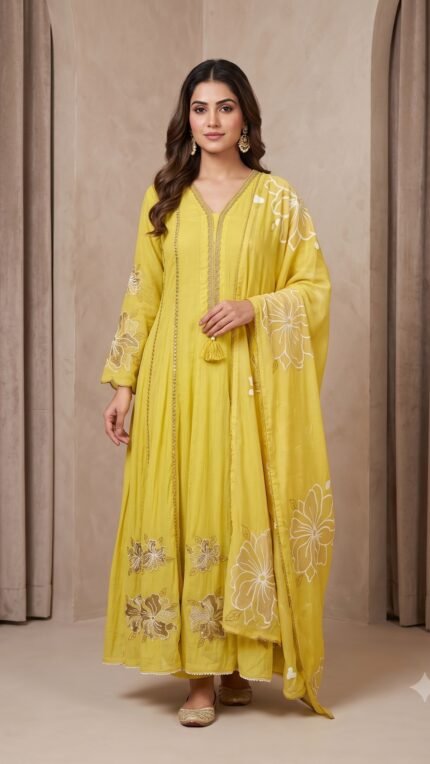 Yellow Crushed Cotton Floral Embroidered 3 Pc Set