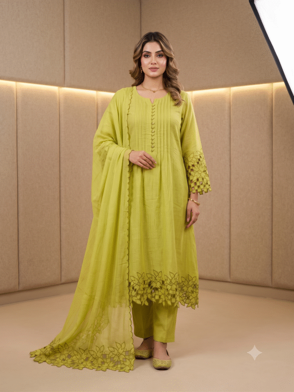 Lime Mul Chanderi Cutwork Embroidered 3 Pc Set