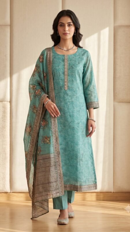 Multi Chanderi Jacquard Floral Dupatta 3 Pc Set