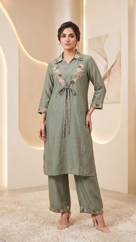 Olive Mul Chanderi Floral Embroidered Tie-Up Co-ord Set