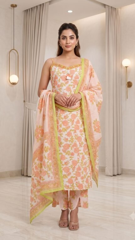 Multi Pure Cotton Floral Print 3 Pc Kurta Set