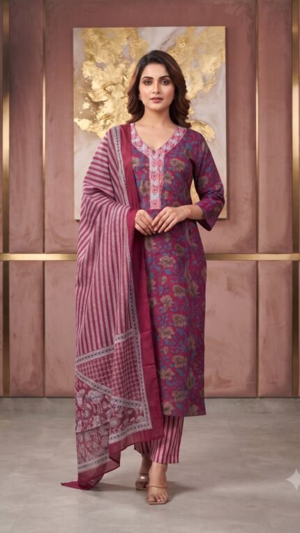 Burgundy Pure Cotton Floral Print 3 Pc Kurta Set