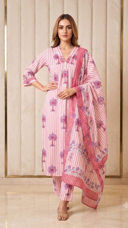 Pink Pure Cotton Palm Print 3 Pc Kurta Set