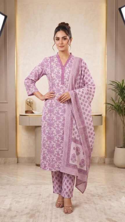 Multi Pure Cotton Floral Print 3 Pc Kurta Set