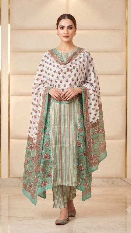 Multi Pure Cotton Striped Print 3 Pc Kurta Set