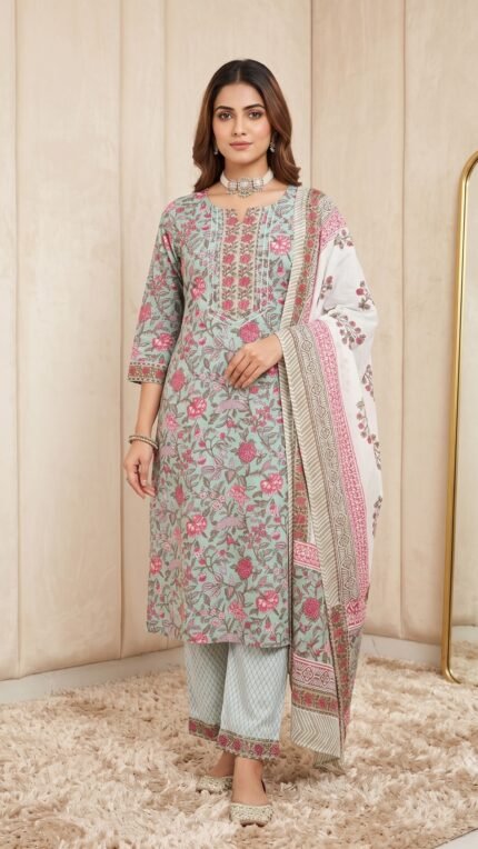 Multi Pure Cotton Botanical Print 3 Pc Kurta Set
