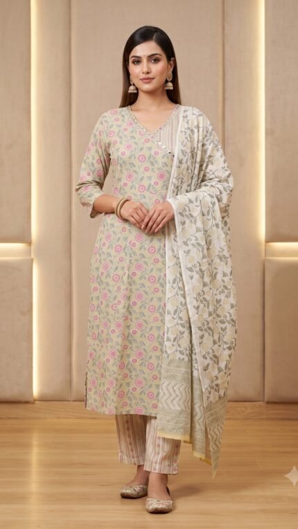 Multi Pure Cotton Floral Print 3 Pc Kurta Set