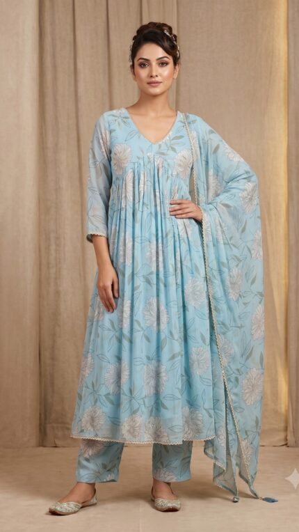 Multi Pure Chiffon Blue Floral 3 Pc Kurta Set