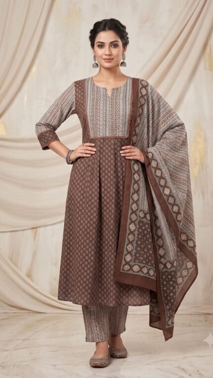 Brown Pure Cotton Printed 3 Pc Kurta Set