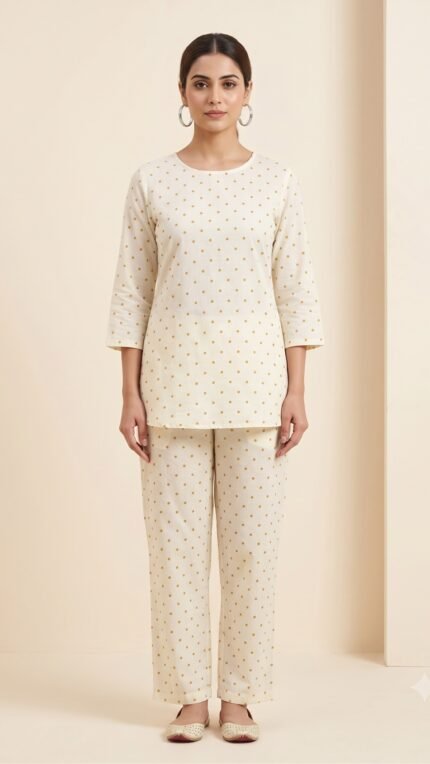 Off White Pure Cotton Co-ord Set – Minimal Polka Print