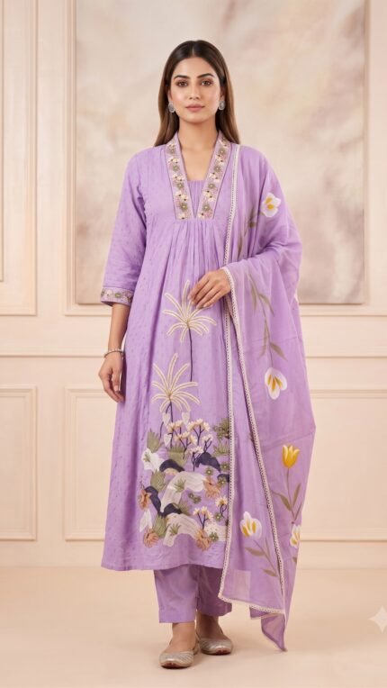 Purple Dobby Cotton 3 Pc Set – Botanical Embroidered Look