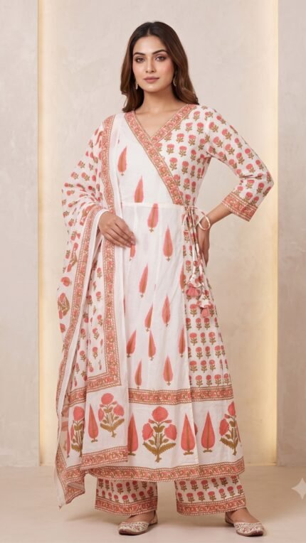 White & Orange Pure Cotton 3 Pc Set – Floral Block Print