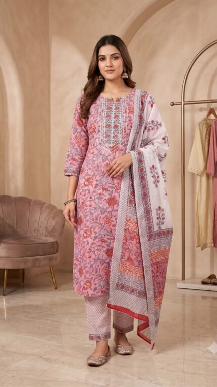 Pink Pure Cotton 3 Pc Set – Floral Vine Print