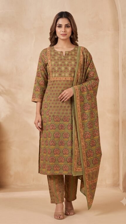 Multi Pure Cotton 3 Pc Set – Olive Floral Heritage Print