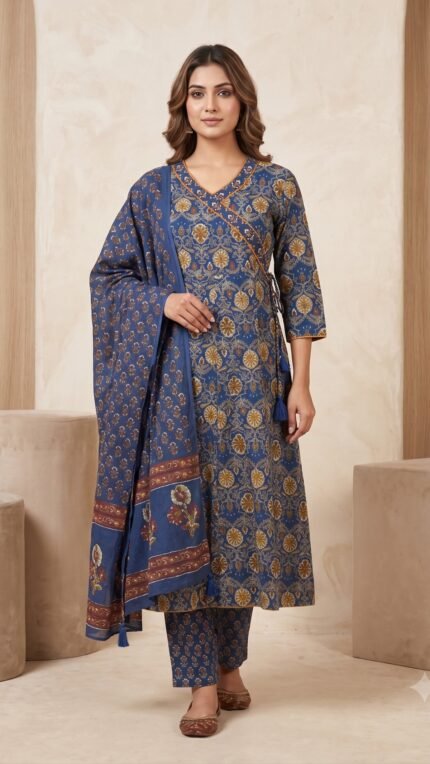 Multi Pure Cotton 3 Pc Set – Teal Floral Anarkali Style