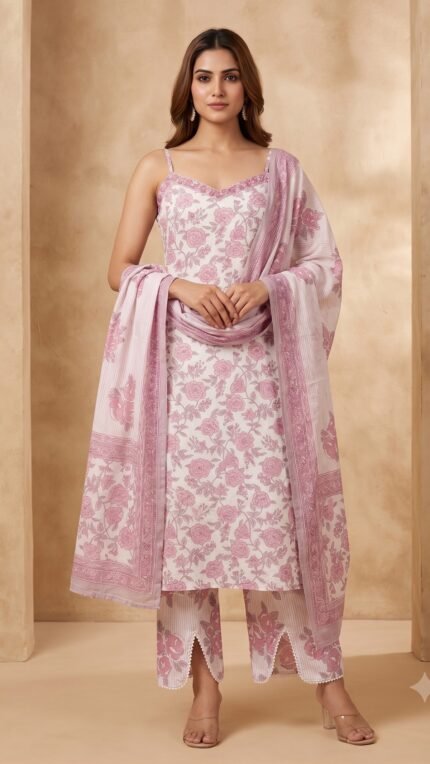 Lilac Floral Printed Pure Cotton 3 Pc Set