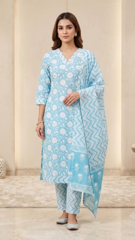 Sky Blue Floral Printed Pure Cotton 3 Pc Set