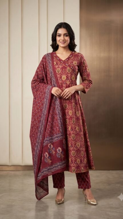 Maroon Ethnic Printed Pure Cotton 3 Pc Set