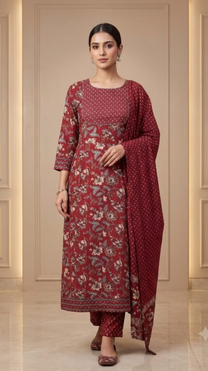 Maroon Floral Printed Pure Cotton 3 Pc Set