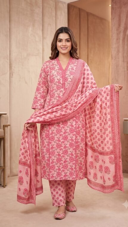 Pink Floral Printed Pure Cotton 3 Pc Set