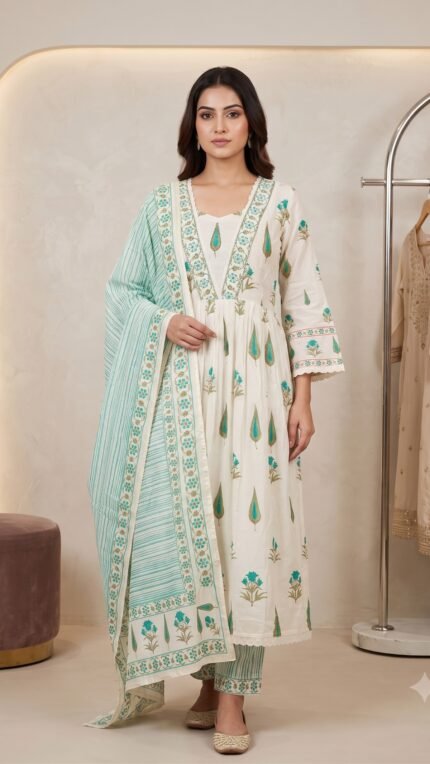 Sea Green Motif Printed Muslin 3 Pc Set