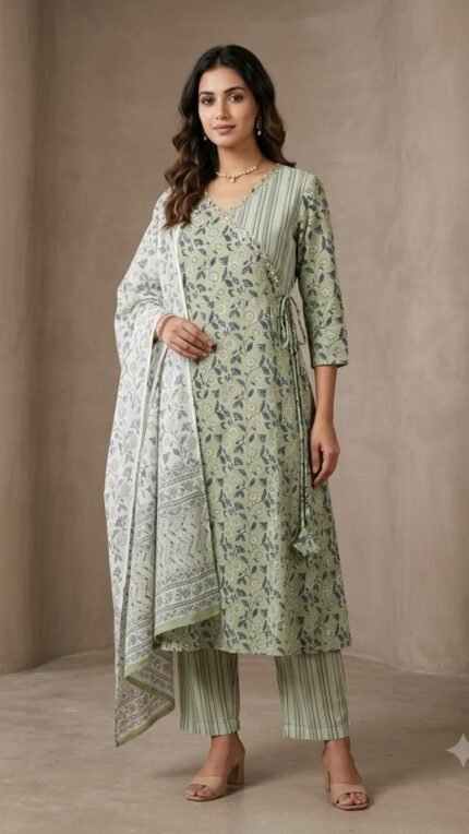 Green Floral Wrap-Style Pure Cotton 3 Pc Set