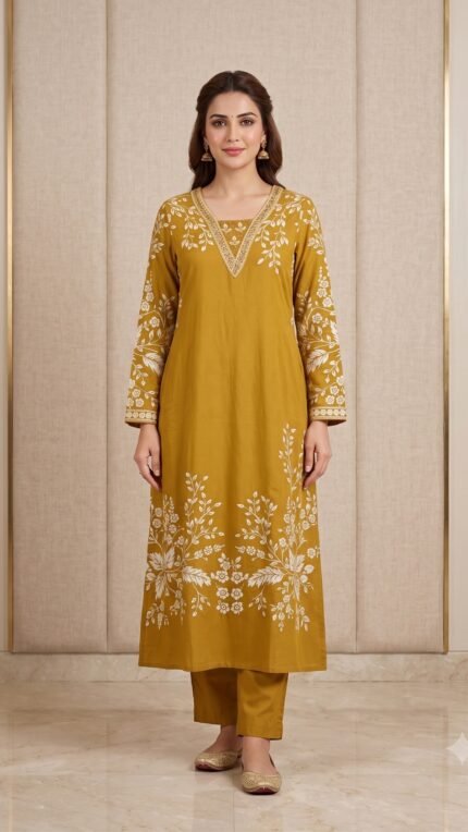Mustard Floral Printed Rayon Kurta Set
