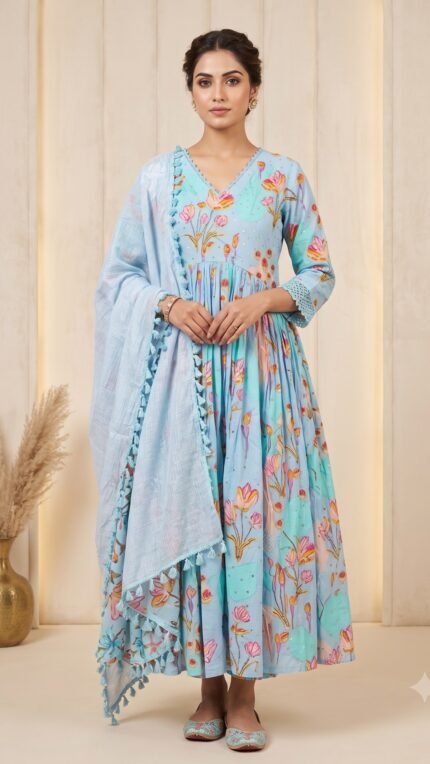 Sky Blue Pure Cotton Floral Dupatta Set with Kota Doria Dupatta