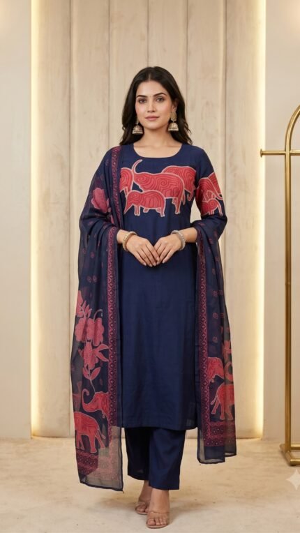 Blue Floral Printed Muslin 3 Pc Set