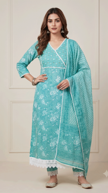 Sky Blue Floral Printed Pure Cotton 3 Pc Set