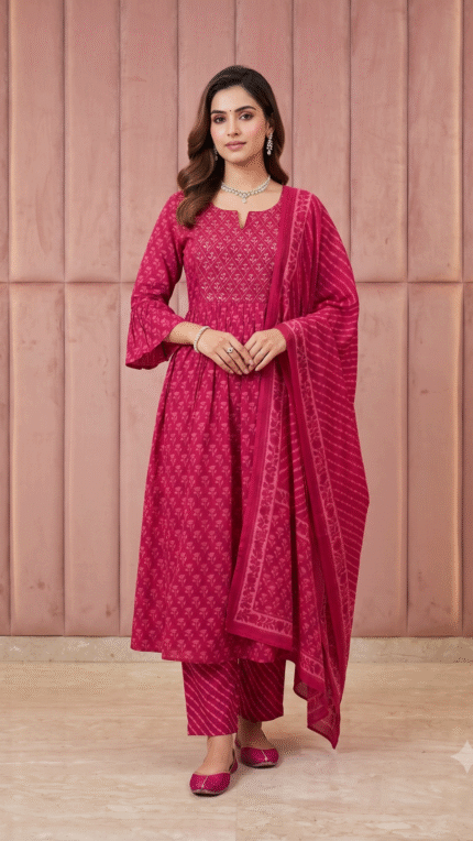 Rani Pink Printed Pure Cotton 3 Pc Set
