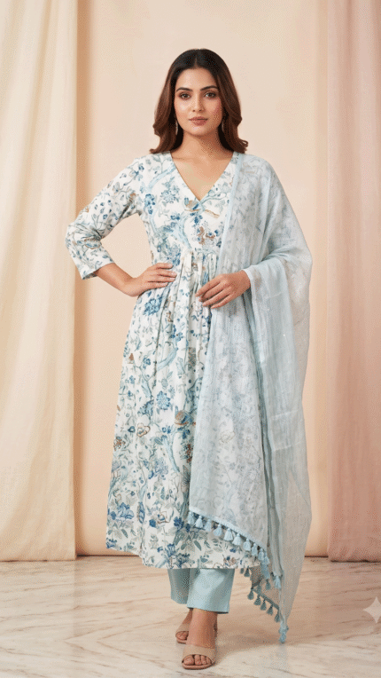 Sky Blue Floral Printed Pure Cotton 3 Pc Set