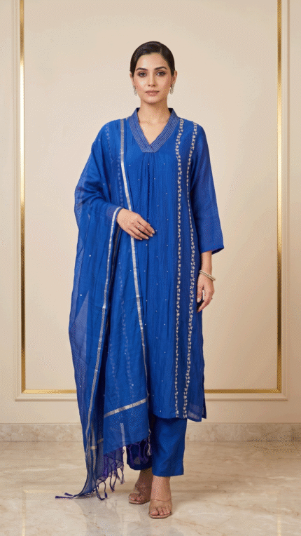 Electric Blue Mul Chanderi Embroidered 3 Pc Set