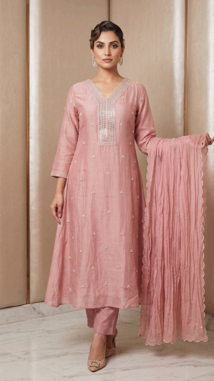 Peach Mul Chanderi Embroidered 3 Pc Set with Scalloped Dupatta