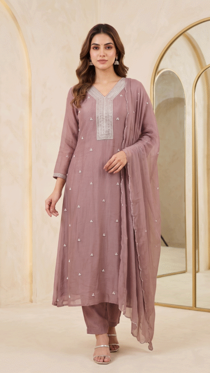 Dusty Pink Mul Chanderi Embroidered 3 Pc Set