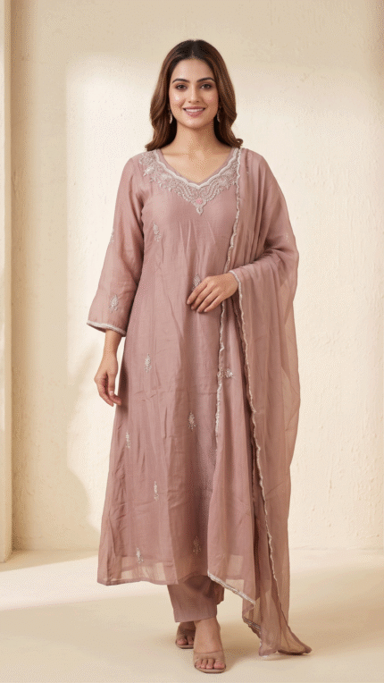 Dusty Pink Mul Chanderi Ornate Neck Embroidered 3 Pc Set