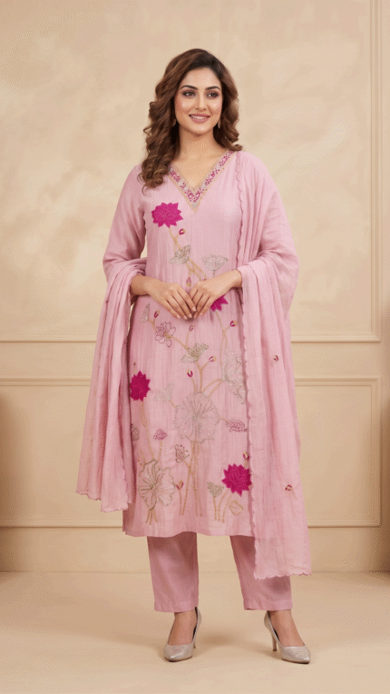 Pink Mul Chanderi Lotus Embroidered 3 Pc Set